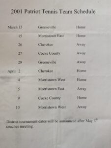 2001 Jefferson County Patriot Tennis Schedule